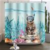 SDOTPMT 122x183cm Divertente Gatto Doccia Gatto Carino Immersione in Teal Blu Oceano Mare Corallo Marino Alga Bagno Impermeabile Tessuto Poliestere Bagno Decorazione Casa con Ganci