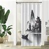 Xiaoterna Tradizionale pittura giapponese tenda da doccia Giapponese edificio asiatico inchiostro pittura Tenda da doccia Montagna nebbiosa barca oca selvatica all'aperto Tenda da bagno 90x180cm