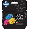 HP 302XL/304XL Tricromia B7RT8AE, Cartuccia Originale da 300 Pagine, Compatibile con Stampanti DeskJet 1110, 2130, 2600, 3630, 3700, ENVY 4520, 5010, 5020, 5030, 5050 e OfficeJet 3830, 4650, 5200
