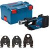 Bosch Professional 18V System Pressatrice a batteria GPT 18V-19 (19 kN di potenza, testa rotante a 360°, incl. ganascia pressatrice TH16, TH20, TH26, L-BOXX)