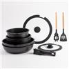 BERGNER, Set 10 PZS Pentole Easy Click nere, Padelle e casseruole con rivestimento antiaderente nero, Include coperchio e utensili, Manico staccabile, Adatto a tutti i fornelli