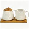 PORFOYO Set latte e zucchero con coperchio e cucchiaio, in ceramica, con vassoio in legno, lavabile in lavastoviglie e microonde, per cappuccino e caffè