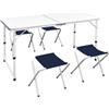 Ordellia Tavolo da campeggio con 4 sgabelli, pieghevole, regolabile in altezza, 120 x 60 cm, con maniglia per il trasporto, telaio in alluminio e piano in MDF, per cucina, terrazza, giardino, picnic e