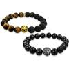 Bling Jewelry Set di due braccialetti unisex con leoni animali della giungla, perline rotonde in onice nero canna di fucile e pietra lavica, occhio di tigre marrone, per uomini e donne, placcati in oro, impilabili