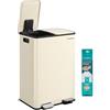 SONGMICS Cestino da Cucina, 2 x 30 L, 2 Scomparti, Pattumiera a Pedale con Coperchio a Chiusura Morbida e Secchio Interno, Acciaio, 15 Sacchi Inclusi, Color Crema LTB741AZ02