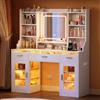 TEENFON Toeletta Trucco con Piano in Vetro, Specchio LED e RGB, Luminosità Regolabile, 3 Cassetti e 2 Armadi, con Prese Elettriche, Per Camera da Letto, Bianco