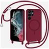 xinyunew Magnetica Cover con Cordino per Samsung Galaxy S22 Ultra,[Compatibile con MagSafe], Cover in Silicone, Regolabile Cordino da Collo Nylon Catena Collana Tracolla,rosso