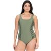 Ulla Popken Costume da Bagno Senza Coppe con Bordure e Scollo Rotondo Verde Oliva 60 845119430-60