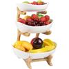 Gaethra Fruttiera 3 Ripiani in Ceramica, Portafrutta a Ripiani con supporto in legno Cesta Portafrutta per Frutta e Verdura Cestino di Frutta per Frutta, Dessert, Torta, Dolci