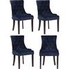 CLP Set 4 Poltrone Pranzo Aberdeen Stile Chesterfield in Velluto E Legno caucciù, Colore:Blu, Colore del Telaio:Antico