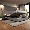 Wyibwy Letto imbottito 160x200 cm,letto idraulico a gambe larghe,letto matrimoniale con due comodini con contenitore, rete a doghe in legno, lino materiale,adatto per adulti e ragazzi,Grigio +Nero