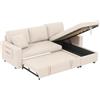 Azkoeesy Divano Angolare L Form a 3 Posti con Letto Estraibile 220 cm, Chaise Longue Reversibile con Contenitore, 2 Cuscini e Tasche Laterali, Rivestimento in Lino (Beige)