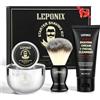 LEPONIX Kit Rasatura Barba Uomo 4 pezzi con pennello da barba e ciotola barba | Profumo Sandalo Include crema da barba e balsamo dopobarba | Set cura uomo e cofanetto regalo per lui | Idee regalo per papà