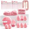 QuidToyzian Kit Pennelli Trucco Professionali 47 Pezzi, Accessori Completi con Pennelli Viso e Occhi, Spugnette, Cotoncini Struccanti e Fascce, Borsa Porta Trucco per Casa, Lavoro e Viaggi - Rosa
