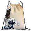 Generic Fashion Coulisse Tasche Japanese Painting Style Shark Wave Sacca Sportiva Palestra Leggero Zaino da Viaggio per Nuoto All'Aperto Spiaggia 36X42Cm