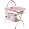 Belfoyer Fasciatoio Neonato Pieghevole con Giostrina & Doppio Ripiano - Fasciatoio Portatile Altezza Regolabile, Richiudibile con Ruote Bloccabili & Design Ergonomico (75×68×83-91 cm,Rosa)