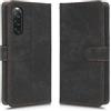 LMFULM® Custodia per Sony Xperia 10 V XQ-DC72/XQ-DC54 (6,1 pollici), in pelle PU, magnetica, con supporto, antifurto, pennello, portafoglio, stile retrò, colore: nero