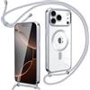 Oelrstfe Cover Magnetica Trasparente con Cordino per iPhone 17 Pro con Magnetico,Custodia Sottile con Laccio Collana Tracolla Regolabile Antiurto Case con Collana per iPhone 17 Pro-Argento