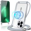 Oelrstfe Cover Magnetica Trasparente con Cordino per iPhone 13 Pro con Magnetico,Custodia Sottile con Laccio Collana Tracolla Regolabile Antiurto Case con Collana per iPhone 13 Pro-Argento