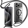 Oelrstfe Cover Trasparente con Cordino per iPhone 15 Pro Max con Magnetico, Custodia Sottile Morbido Silicone con Laccio Collana Tracolla Regolabile Antiurto Case con Collana - Nero