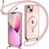Oelrstfe Cover Trasparente con Cordino per 𝐢𝐏𝐡𝐨𝐧𝐞 𝟏𝟑 con Magnetico, Custodia Sottile Morbido Silicone con Laccio Collana Tracolla Regolabile Antiurto Case con Collana per iPhone 13 - Rose-Gold