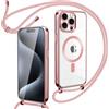Oelrstfe Cover Trasparente con Cordino per iPhone 15 Pro Max con Magnetico,Custodia Sottile Morbido Silicone con Laccio Collana Tracolla Regolabile Antiurto Case con Collana,Rose-Gold