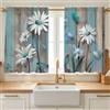 PRESSINART 2 Pannelli Tende Cucina Floreale Turchese Margherita 55 x 39 Pollici Tende Rustiche In Stile Country Blu e Bianche con Stampa di Fiori su Legno Piccole e Corte con Tasche per Asta per Fines