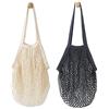 Metyou - 2 borse a rete in corda portatili e riutilizzabili, in cotone, borsa da shopping a mano, per la frutta, nera e beige