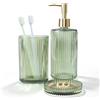 RRM Set di accessori da bagno in vetro verde, 3 pezzi, set da bagno verde include dispenser di sapone e portaspazzolino, vassoio per decorazioni da bagno bohémien