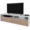 Bricozone Mobile Porta TV Moderno 130 Cm Bianco E Rovere Con 2 Vani A Giorno E 2 Ante A Ribalta Per Soggiorno Salotto Camera Da Letto