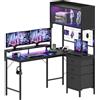 Devoko Scrivania Gaming con Luci LED e Presa Elettrica, 115_x_90_cm Scrivania Angolare a L con Mensola, Pannello a Griglia, 3 Cassetti e Supporto Monitor per Giocatori, Nero