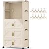 ZENZERO Armadio Pieghevole in Plastica con Ruote e 10 Grucce Incluse, Guardaroba Portatile 172 × 97 × 41 cm con Barra Appendiabiti e 3 Ripiani, Armadio Salvaspazio per Camera da Letto, Beige