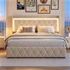 HYTKKBD Letto Imbottita Matrimoniale 140 x 190 cm, Letto Contenitore Matrimoniale | LED e Ricarica USB, Stoccaggio Idraulico, Rete a Doghe in legno, Struttura in Acciaio, Senza Materasso, Bianco Velluto