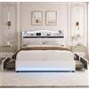 JiaOyu Letto imbottito, 140 x 200 cm, letto con illuminazione a LED e porta USB, moderno letto matrimoniale con 4 cassetti e testiera portaoggetti, letto per ragazzi con rete a doghe, senza materasso (beige