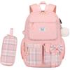 Byitin Zaino Scuola Elementare Bambina 2 Pcs con Astuccio, Fiocco a Quadri Rosa Zaino Impermeabile per Media Ragazza e Bambini Elementari, Ergonomico Zaini da Viaggio Weekend con Cinghia per Trolley