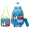 Egchescebo Zaino con Calcio Rotelle Bambini Trolley Auto Zainetto Scuola Elementare Primaria 17 3PCS Borsa Pranzo Portamatite Media Carrello Ruote Valigia Ragazzi per Rullo Blu Cielo