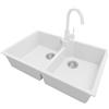 PRIMAGRAN Lavandino da Cucina Bianco 78x50cm, Lavello in Granito a 2 vasche + Rubinetto 32x20cm + Set di accessori, Lavabo da Cucina Incasso al Mobile 80cm - Madrid Twin S011