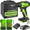 Greenworks Trapano avvitatore a batteria da 24 V, motore senza spazzole, coppia 35 Nm, con batteria da 2 Ah e caricabatterie, set di punte per trapano e set