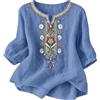 riou Camicie Donna Manica 3/4 Cotone e Lino Primavera Scollo a V Casual T-Shirt Vintage Ricamo Maglietta Donna Moda Casual Elegante Sciolto Party Top T-Shirt Originale Ufficio Business, blu cielo, L