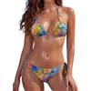 RELLECIGA Women's Blue-Yellow Print Brazilian Bikinis Halter String Triangle Top with Cheeky Bikini Bottom Size Small