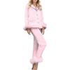 Generisch Set pigiama da donna a maniche lunghe, con bottoni a risvolto + pantaloni lunghi a piuma, 2 pezzi, camicia da notte invernale, confortevole, traspirante, tinta unita, morbido e per il tempo libero, O