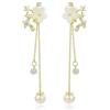 BelleVive Orecchini pendenti con perle per donne in oro 14 carati, catena lunga alla moda con infilatura, delicati orecchini da sposa a forma di fiore, CZ, gioielli scintillanti e adorabili