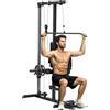 SPORTNOW Stazione Fitness Multifunzione, Power Tower con Lat Machine, Sedile Regolabile in Altezza, Estensione Posteriore e Supporto per Dischi Pesi, 140x108x197 cm, Nero
