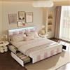 TIMORWTF Letto matrimoniale 140 x 200 cm con LED e USB, letto matrimoniale con testiera a quadretti, telaio letto con 4 cassetti, rete a doghe, velluto, bianco rosa