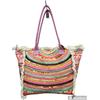 NONE MIGLIORATA Borsa grande da spiaggia o piscina con stampe originali e frange di nappine in cotone bianco, dimensioni 55*37*19 cm. Dotata di tasche interne e fodera. Tessuto 100% poliestere.