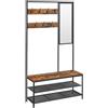 VASAGLE Appendiabiti e Scarpiera, Appendiabiti da Corridoio con Ganci, Specchio, Panca con Scarpiera e Ripiani, 35 x 98 x 180 cm, Corridoio Camera da Letto Soggiorno, Stile Industriale, Marrone