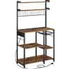 VASAGLE Scaffale da Forno con Presa di Corrente, Supporto per Microonde, Postazione Caffè, 4 Prese AC, con Ripiani Regolabili, 8 Ganci a S, Cestello, Portaspezie, Marrone Rustico e Nero Inchiostro/Oro