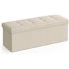 SONGMICS Puff Imbottito, Baule Contenitore Pieghevole 38x110x38 cm, Sgabello Poggiapiedi, Banco Portaoggetti, Portata 300 kg, per Soggiorno, Ingresso, Crema/Bianco/Grigio Chiaro/Marrone