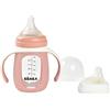 Béaba 913520, 2 in 1 Tazza/Biberon da Allenamento, Vetro, Copertura in Silicone, Forte, Sano, 100% Impermeabile, Maniglie Rimovibili, 210ml, Rosa