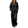 Fulbant Set di due pezzi abiti da donna camicia con bottoni in raso pantaloni a gamba larga manica lunga tinta unita vita alta pantaloni larghi, Nero , M